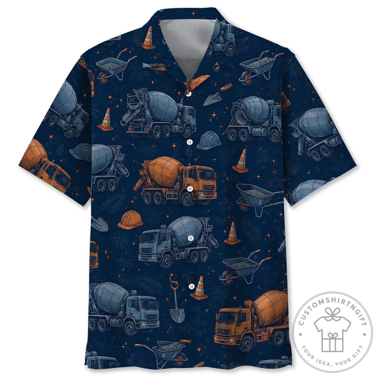 Construction Concrete Mixer Truck Hibiscus Pattern Hawaiian Shirt