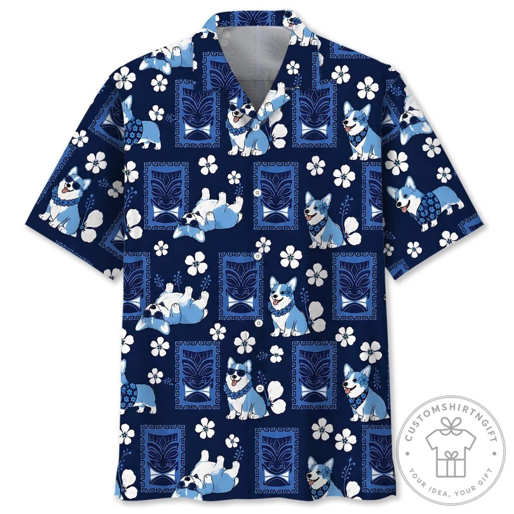 Hawaiian Shirt featuring Blue Corgi Dog and Tiki Aloha Design 20 Hawaiian Shirt featuring Blue Corgi Dog and Tiki Aloha Design