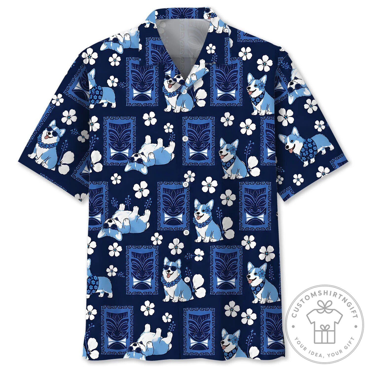 Hawaiian Shirt featuring Blue Corgi Dog and Tiki Aloha Design