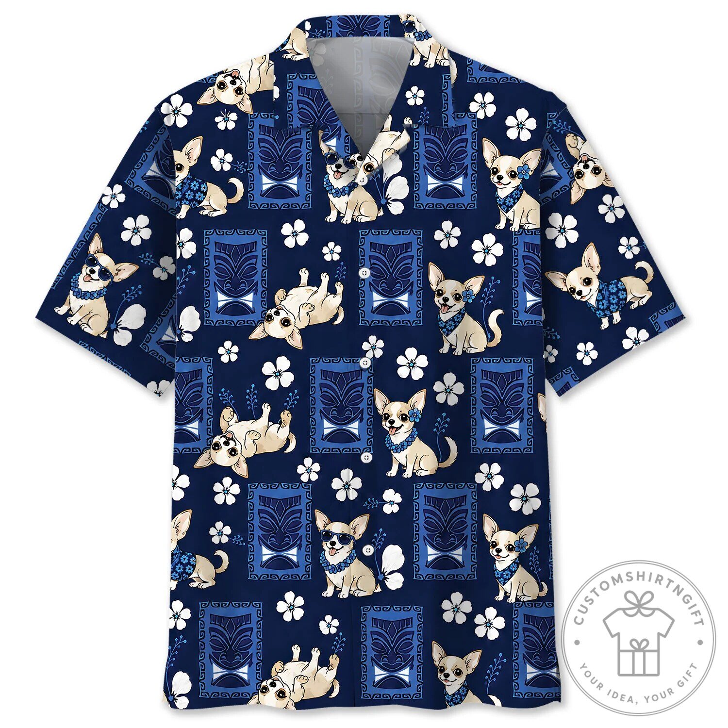 Chihuahua Dog Blue Tiki Aloha Hawaiian Shirt
