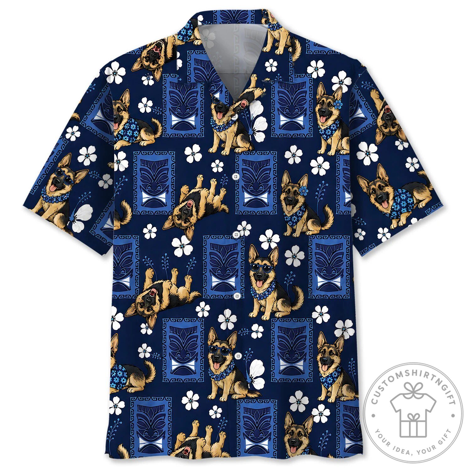 German Shepherd Dog Blue Hawaiian Shirt, Tropical Tiki Aloha Summer Button Down