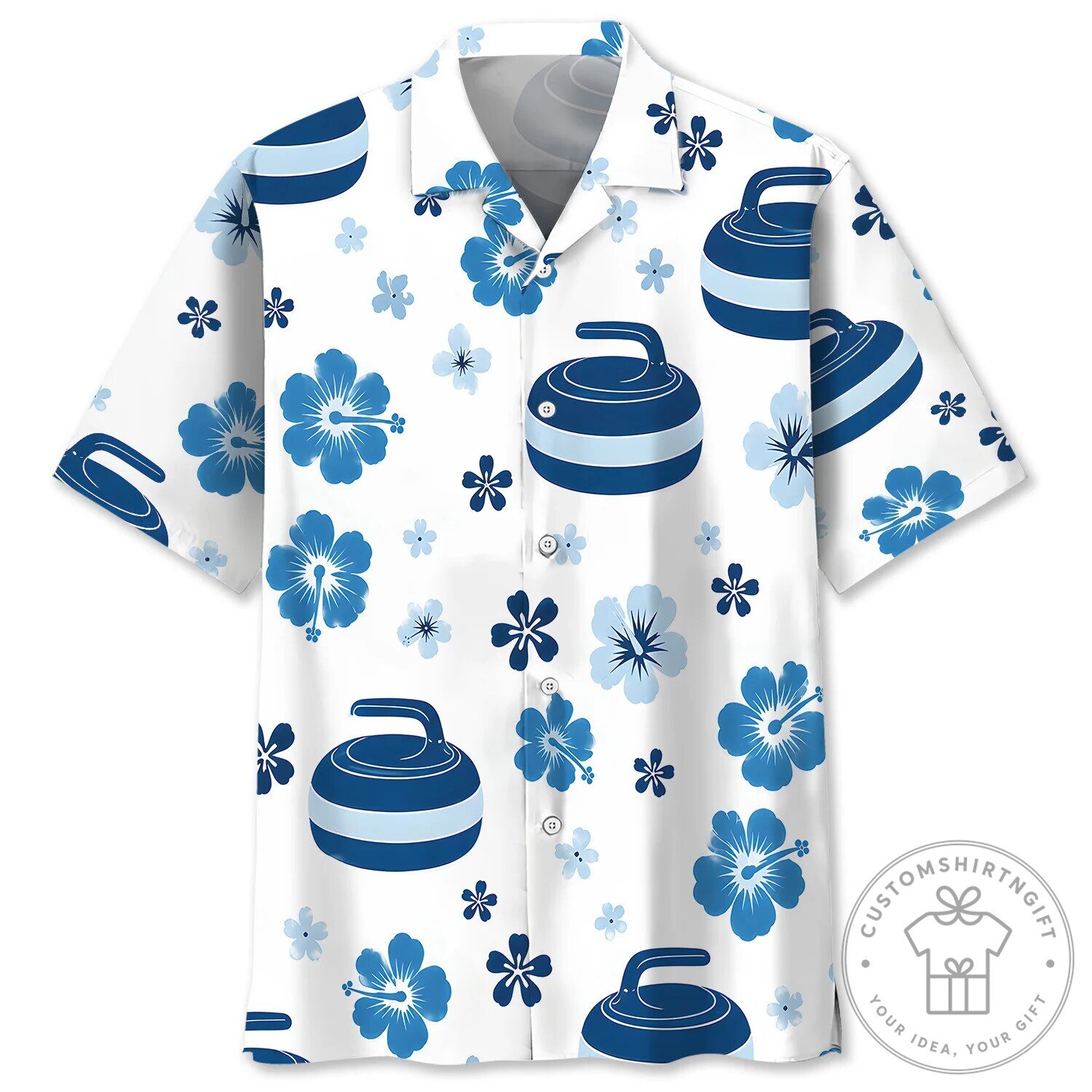 Curling Sport Blue Hibiscus Floral Pattern Hawaiian Shirt