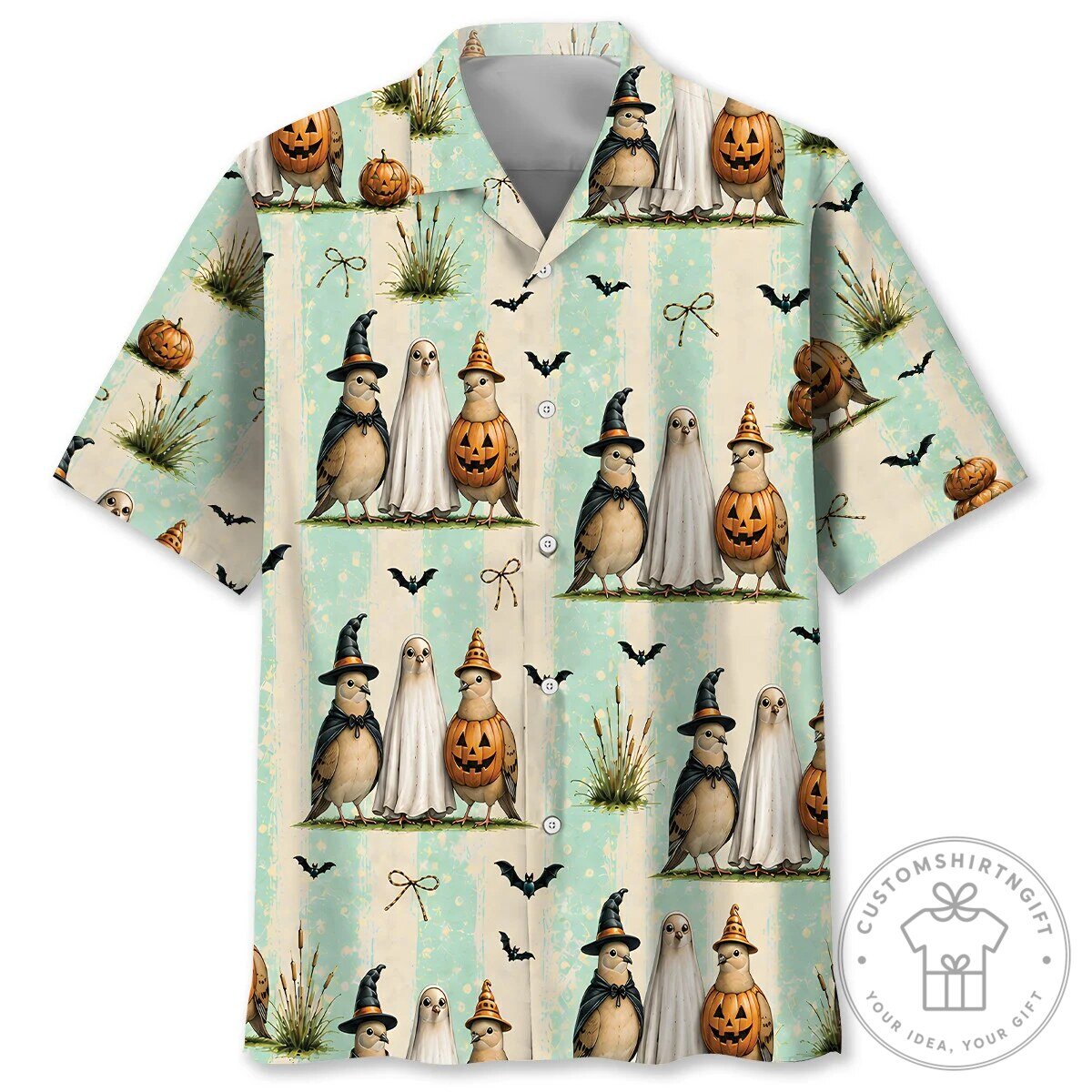 Halloween Ghost Bird Pumpkin Witch Hat Striped Pattern Hawaiian Shirt