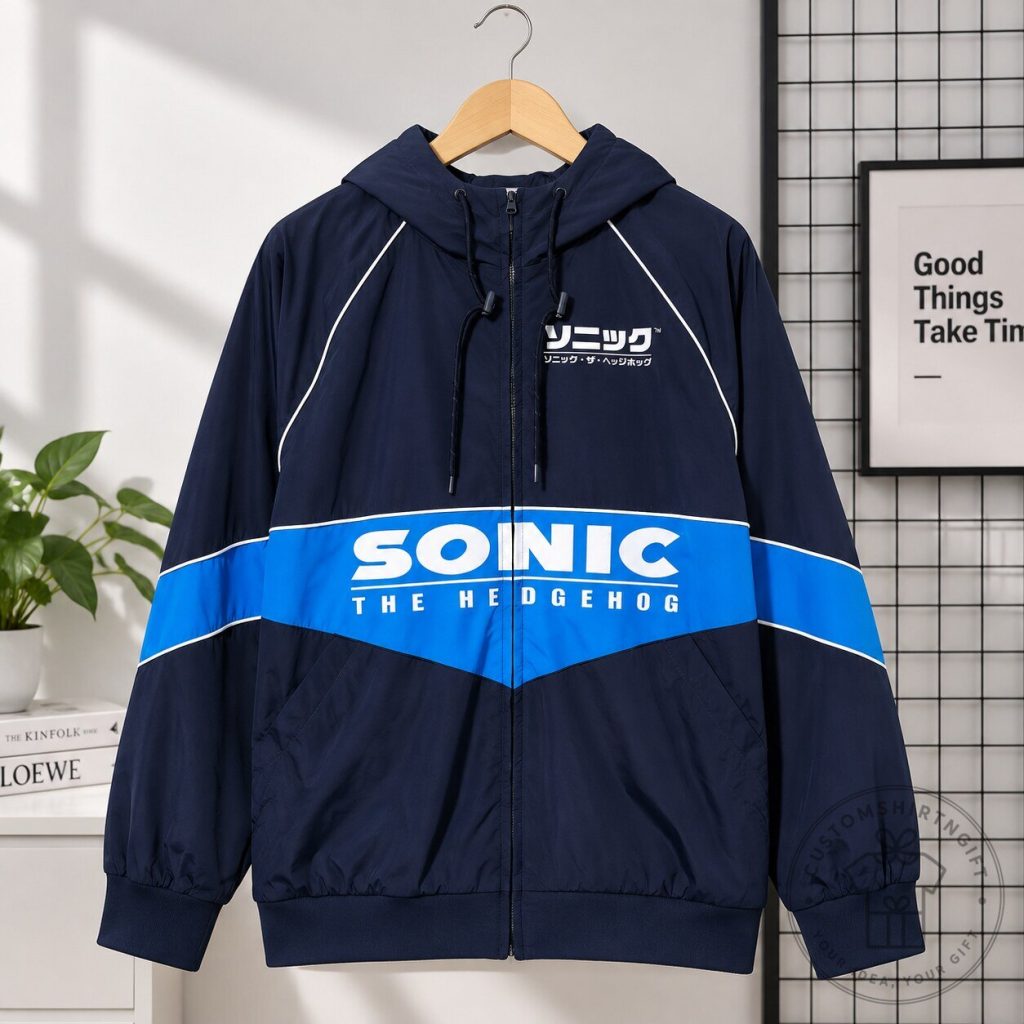 "Celebrate Sonic's 35th Anniversary with This Stylish Windbreaker Jacket" 1 Sonic The Hedgehog 35th Anniversary Windbreaker Hooded Jacket