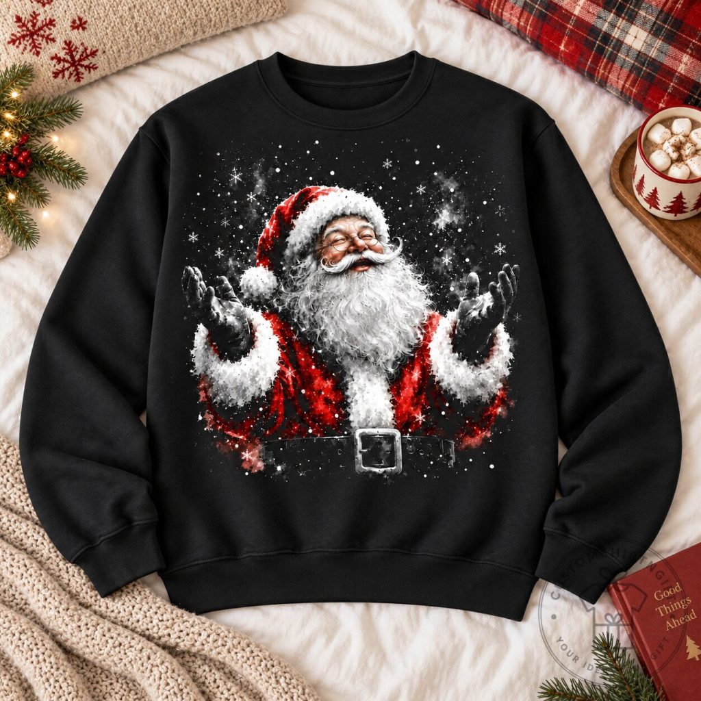 Black Santa Claus Christmas Snowflake Graphic Print Sweatshirt