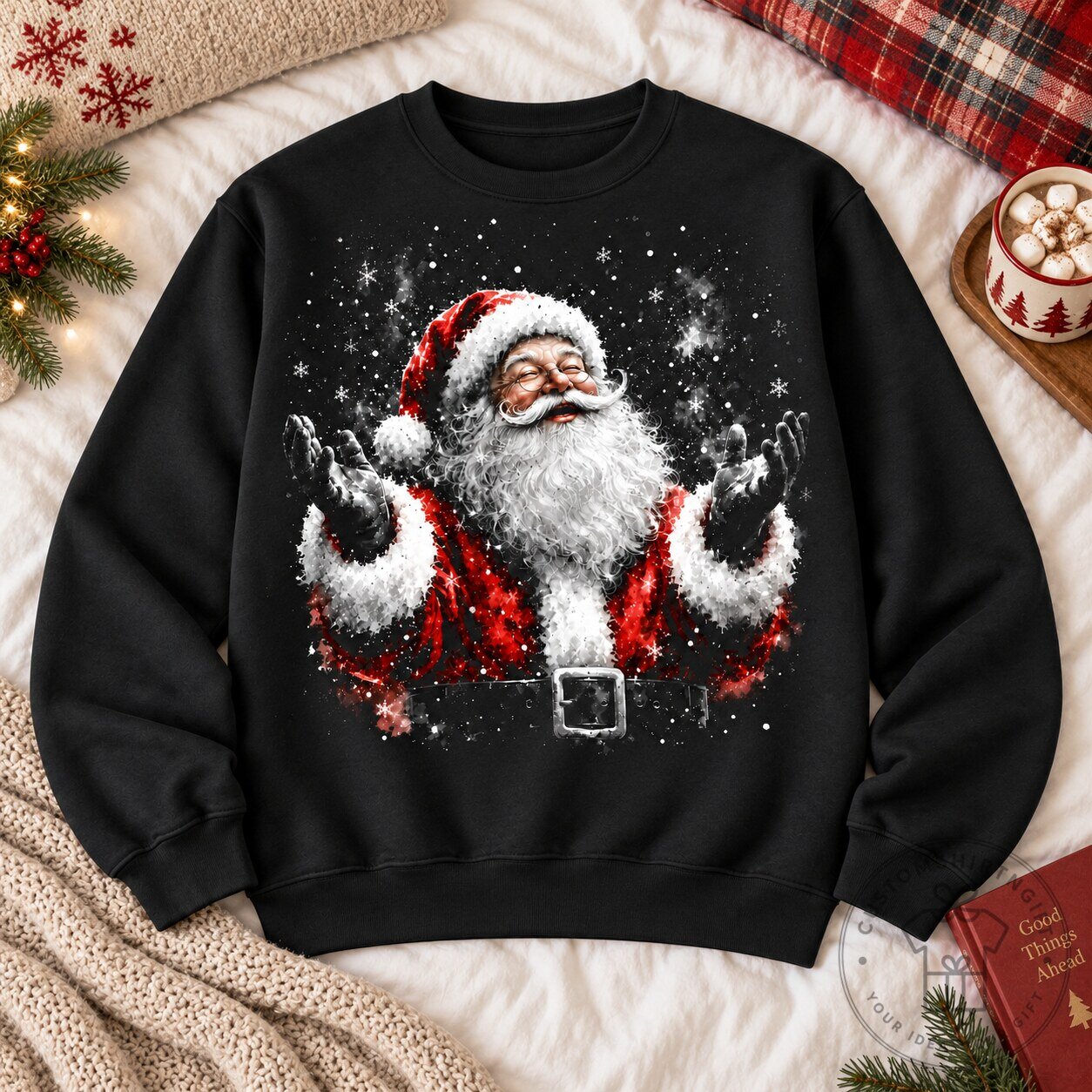 Black Santa Claus Christmas Snowflake Graphic Print Sweatshirt