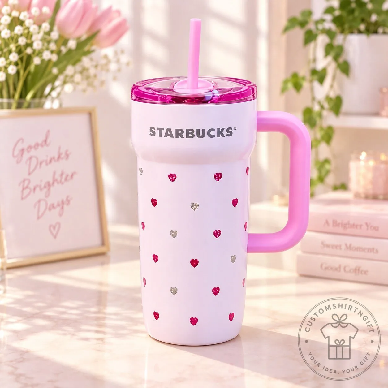 Starbucks Pink Heart Pattern Handle Tumbler