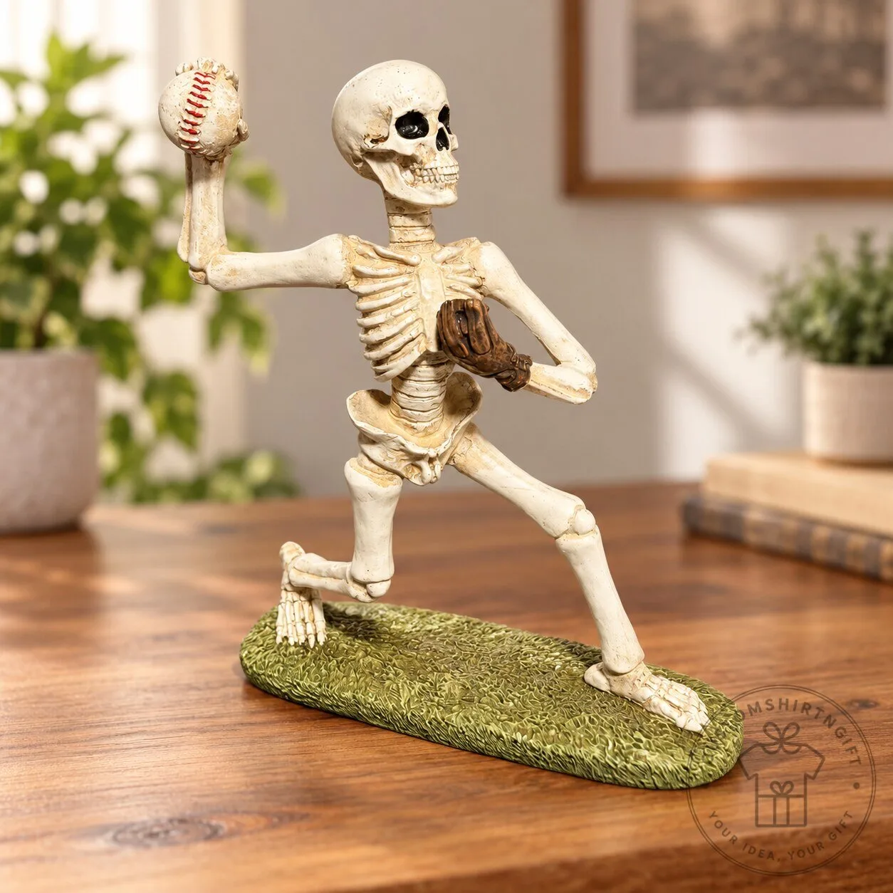 Skeleton Playing Baseball Figurine Resin Statue Halloween Decor