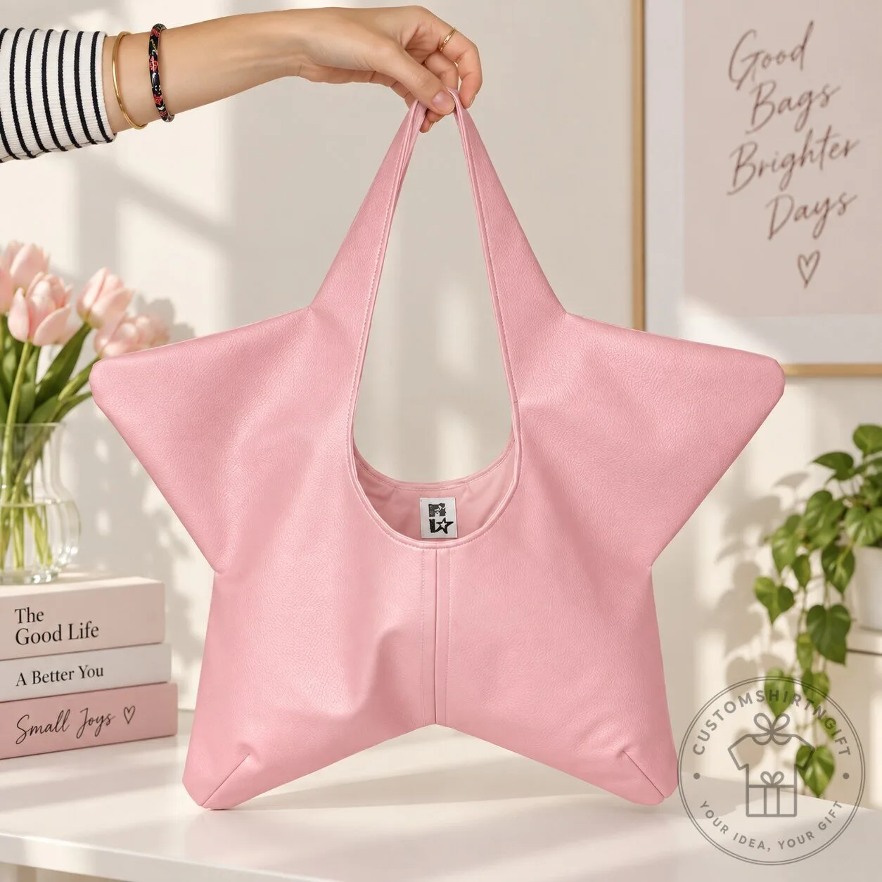 Pink Star Bag Cute PU Leather Tote Aesthetic Handbag