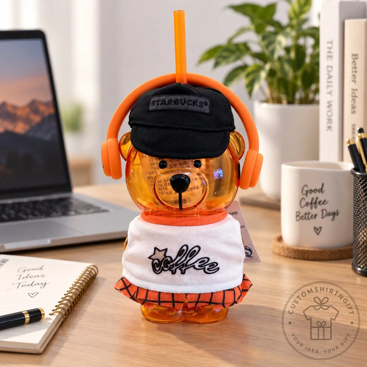 Starbucks Bear Water Bottle Cute Straw Cup With Headphones