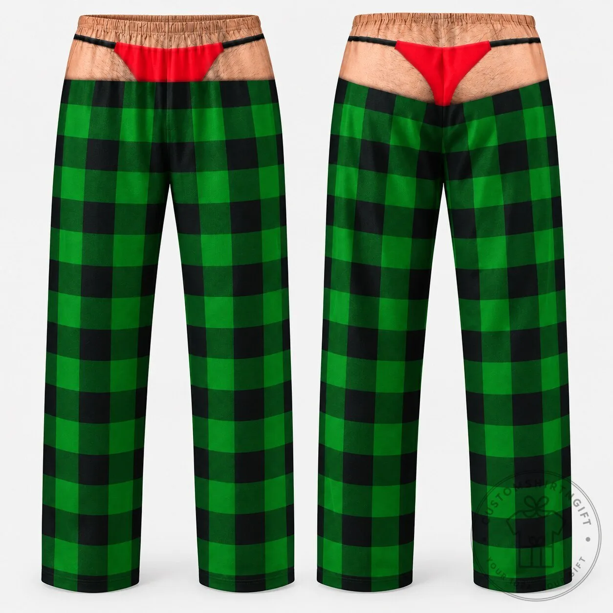 Funny Fake Thong Green Plaid Christmas Pajama Pants