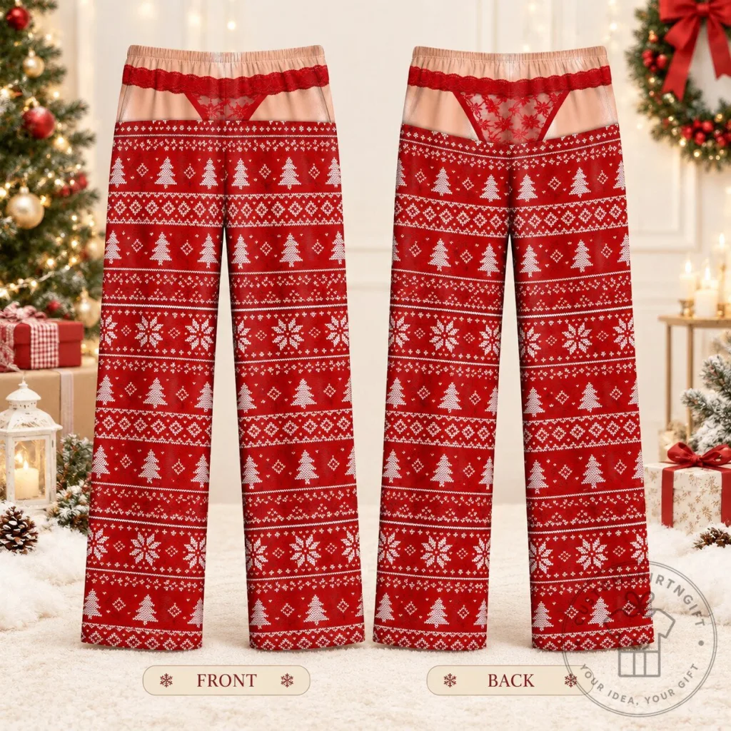 "Get Cozy: Red Fair Isle Funny Fake Thong Christmas Pajamas" 17 Funny Fake Thong Red Fair Isle Christmas Pajama Pants