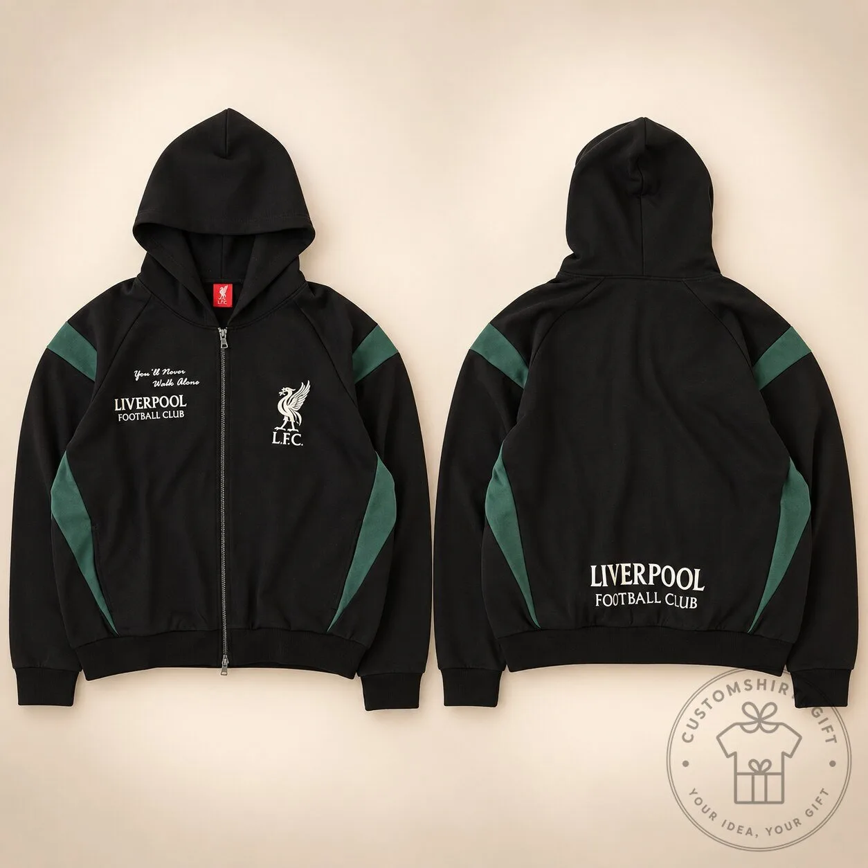 Liverpool FC Black and Green Full Zip Hoodie You'll Never Walk Alone