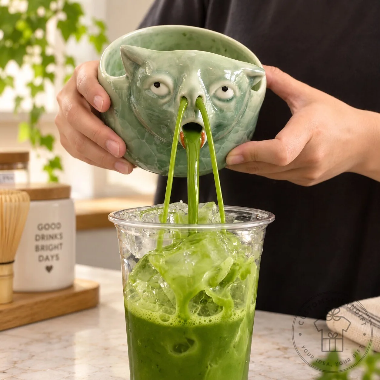 Funny Cat Face Ceramic Bowl Matcha Pourer