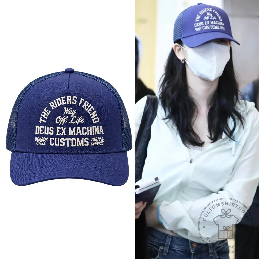 aespa KARINA Blue Trucker Cap Riders Friend Deus Ex Machina at Washington National Airport