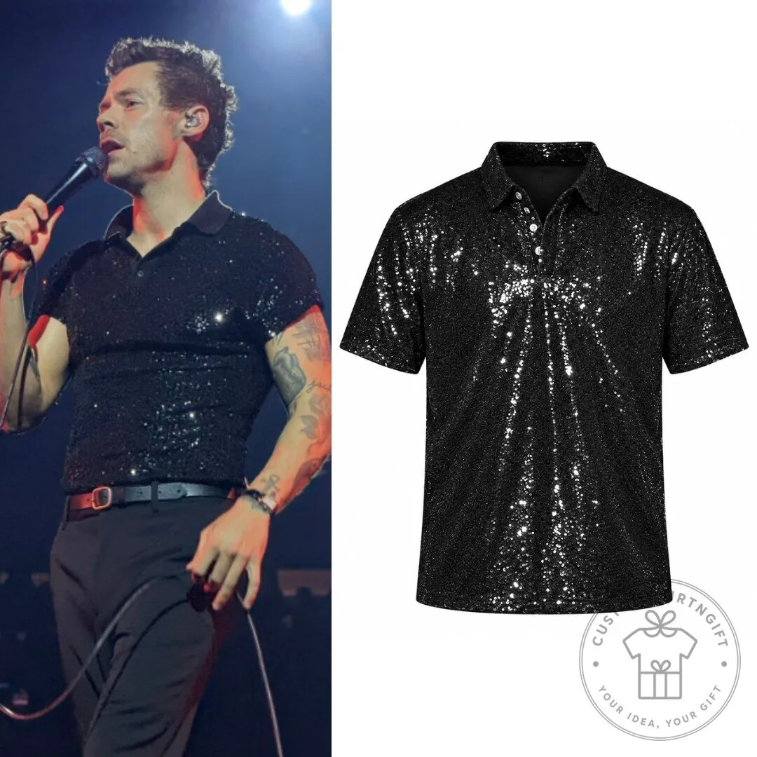 Harry Styles Black Sequin Polo Shirt Glitter