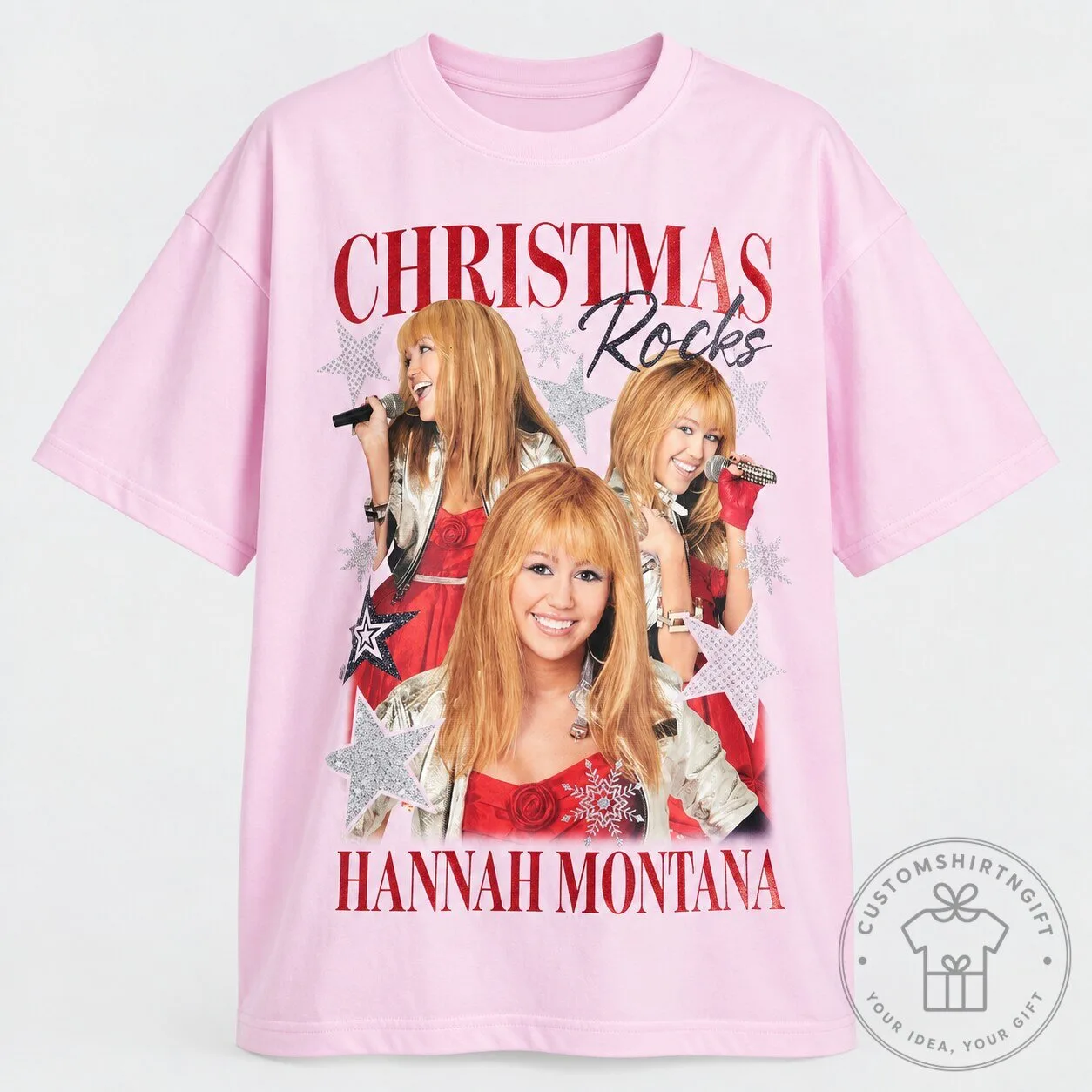 Hannah Montana Christmas Rocks Pink Graphic T Shirt
