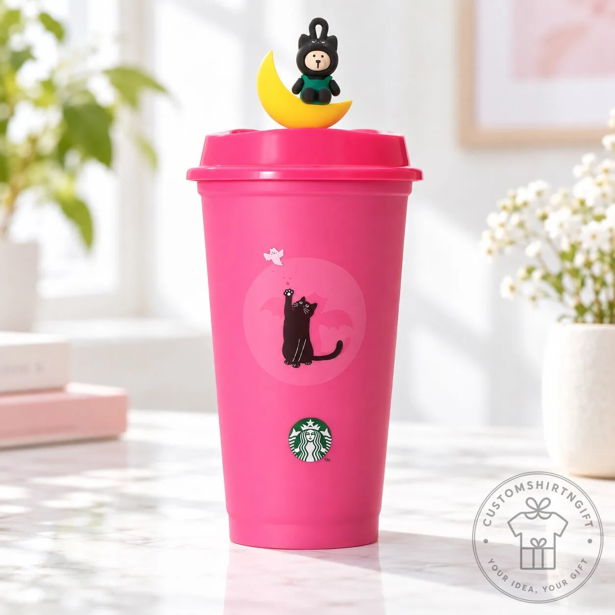 Starbucks 26 Years of Halloween Pink Tumbler Black Cat Straw Topper Reusable Cup
