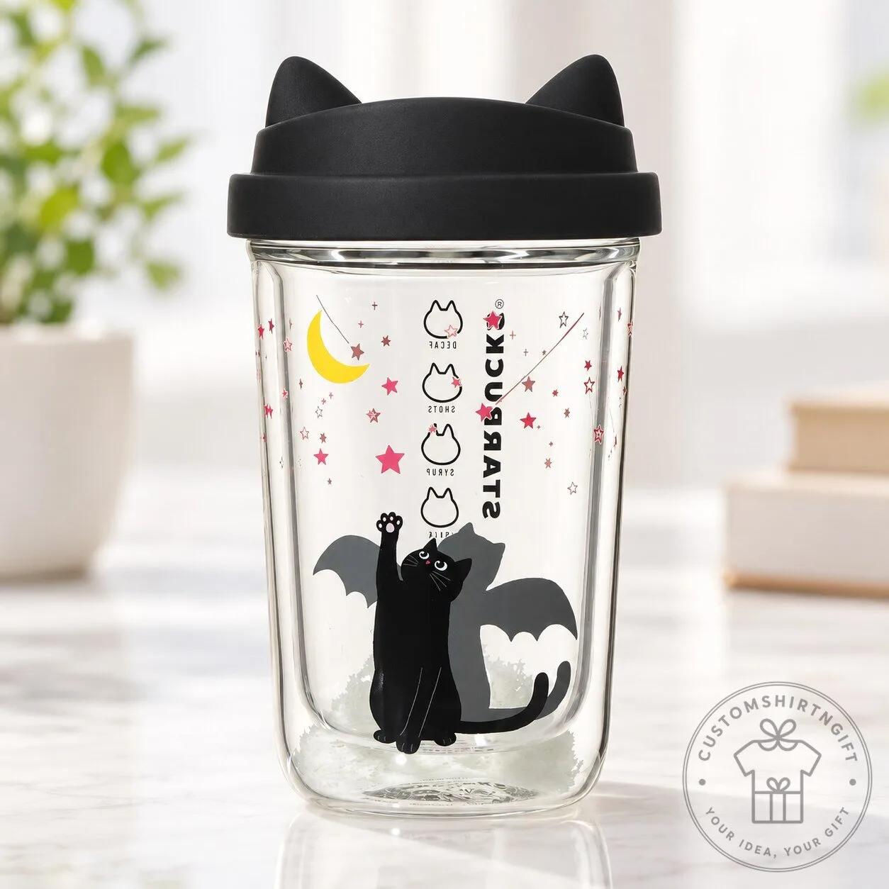 Starbucks 26 Years of Halloween Glass Cup Black Cat Ear Lid Glow In The Dark Tumbler
