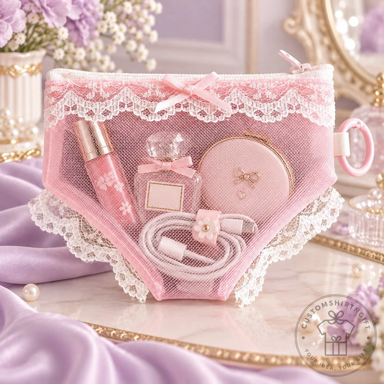 Panty Purse Pink Lace Mesh Makeup Bag